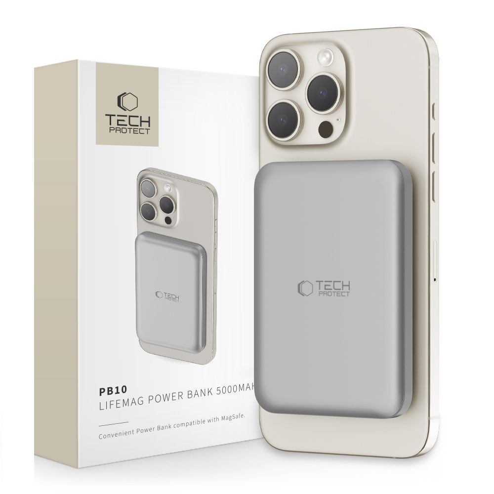 External Wireless Battery Tech-Protect PB10 LifeMag, 5000mAh, 15W, PD + FQI, 1 x QI - 1 x USB-C, Grey 