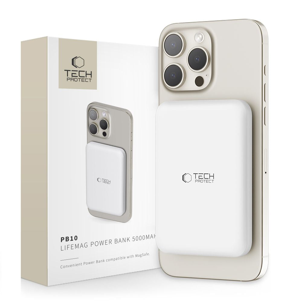 Tech-Protect PB10 LifeMag vezeték nélküli külső akkumulátor, 5000mAh, 15W, PD + FQI, 1 x QI - 1 x USB-C, fehér