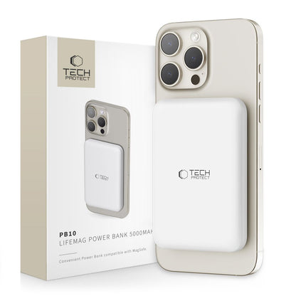 Tech-Protect PB10 LifeMag vezeték nélküli külső akkumulátor, 5000mAh, 15W, PD + FQI, 1 x QI - 1 x USB-C, fehér