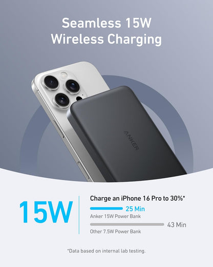 Anker MagGo Slim vezeték nélküli külső akkumulátor, 10000mAh, 30W, PD + FQI, 1 x QI - 1 x USB-C, fekete A1664H11 