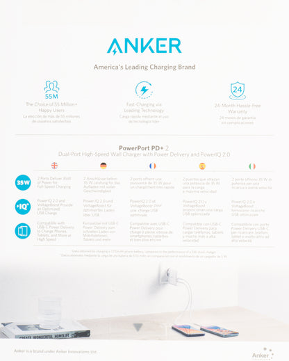 Hálózati töltő Anker PowerPort PD+ 2, 35W, 3A, 1 x USB-A - 1 x USB-C, fehér A263636G21 