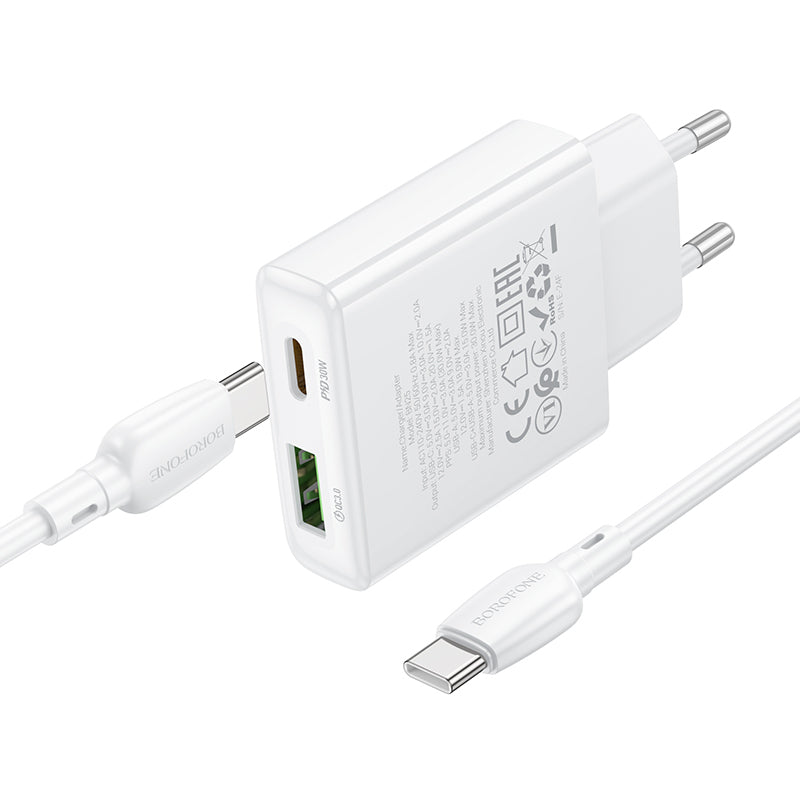 Hálózati töltő USB-C kábellel Borofone BN25 Wish, 30W, 3A, 1 x USB-A - 1 x USB-C, Fehér 