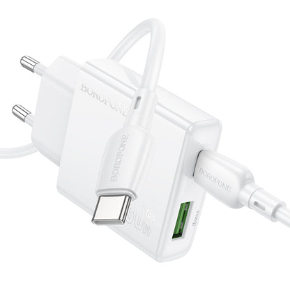Hálózati töltő USB-C kábellel Borofone BN25 Wish, 30W, 3A, 1 x USB-A - 1 x USB-C, Fehér 